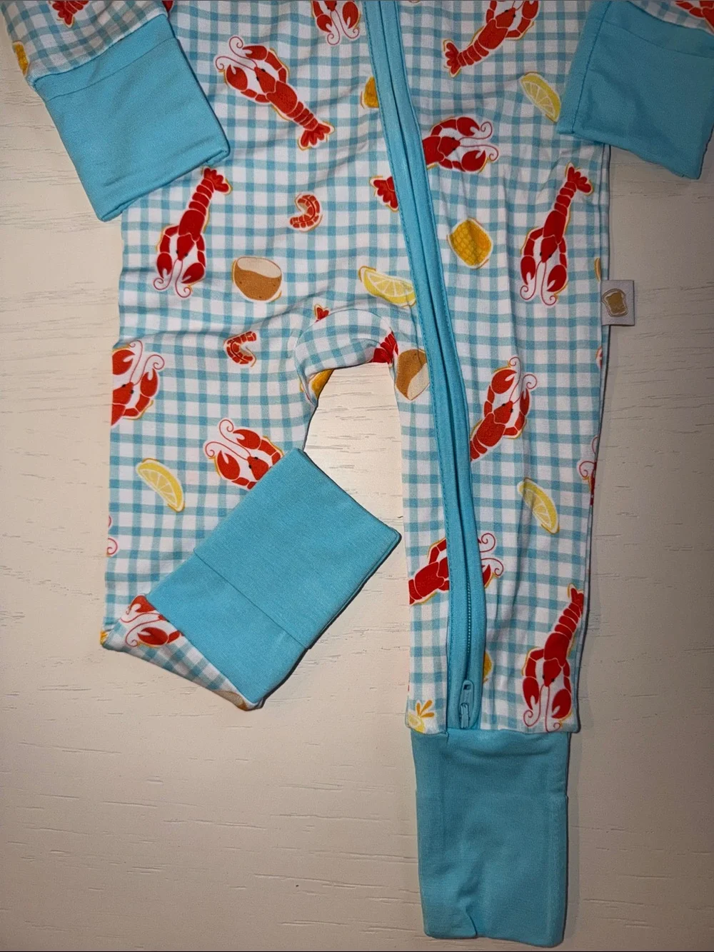 Toast + Jams Checkered Gingham Crawfish Lobster Lemon Romper 0-3 3-6 12-18 18-24